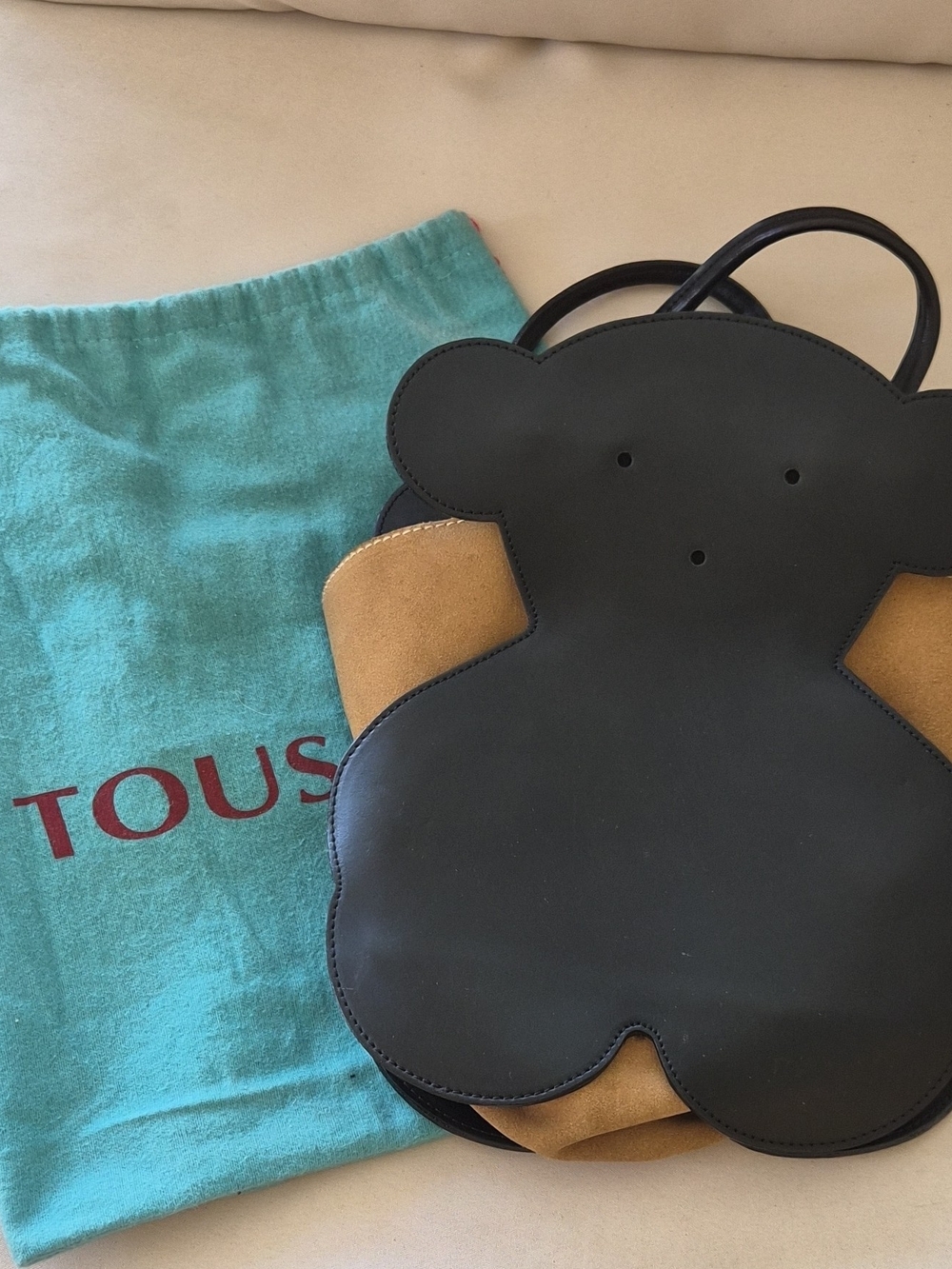 TOUS Amelie Bear Leather Bucket Bag Tan Suede Teddy Silhouette Novelty